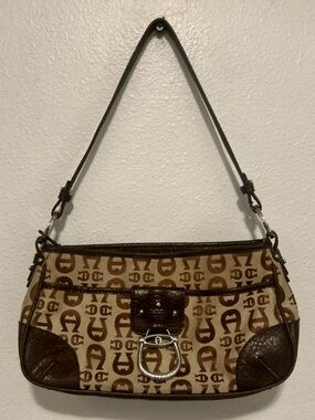 ETIENNE AIGNER VTG Y2K Baguette Shoulder Bag Monogram Print Horsebit Brown Beige